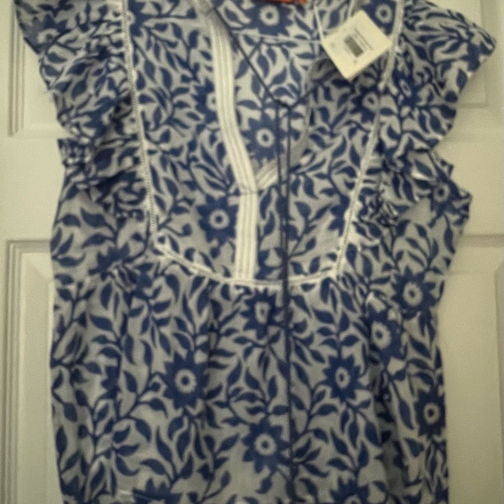 Blue and White Floral Ruffle Blouse
